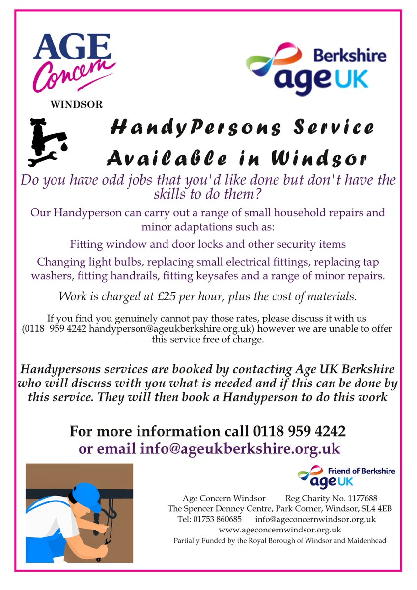 Do you ever have small jobs around the house that you can't do, &amp; can't get anyone to do?
If your over 50 then you could use our low cost Handy person- they are there for the small jobs!  an at cost service
ageconcernwindsor.org.uk/activities-ser… #handman #handyperson #windsor