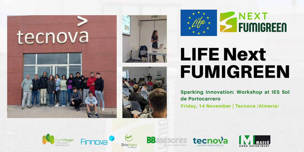 LNextfumigreen's tweet image. Last Friday, LIFE NextFUMIGREEN held a workshop at Tecnova in Almería to introduce students to sustainable pest control and field testing.

This Wednesday we continue with another session for @efacampomar .

More info: lifefumigreen.finnova.eu 
#LIFENextFUMIGREEN #LIFEProgramme