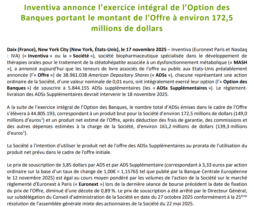 TkillaBiotech's tweet photo. Belle AK de Inventiva $IVA avec 172,5M$ au prix de 3,33€/action. De quoi tenir jusqu'aux résultats cliniques au S2 2026 tranquille. Valorisé à 500M€ à 3,5€/action, à part attendre un retour vers 2€/action ou les résultats cliniques je ne vois pas ce qu'on peut faire d'autre https://t.co/1FRUsAxtxb