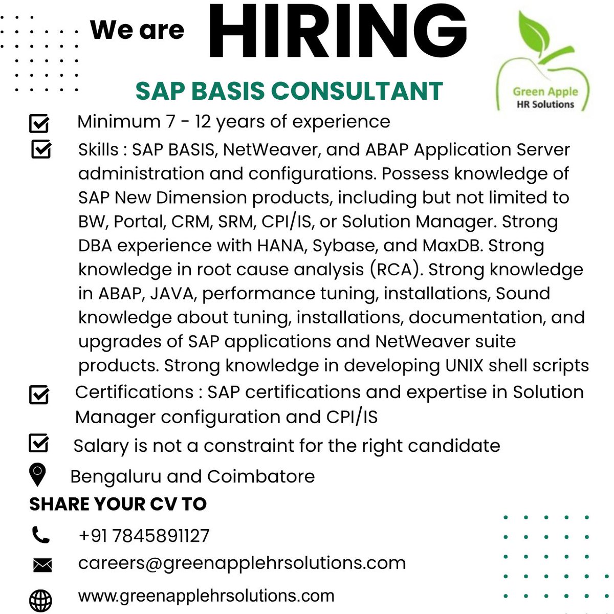 greenapplehr's tweet image. We are looking for SAP BASIS CONSULTANT with minimum 7 - 12 years of experience

Skills : SAP BASIS, 

Certifications : SAP certifications 

Interested candidates careers@greenapplehrsolutions.com  @ 7845891127

Click here to apply : greenapplehrsolutions.com/JobOpening

 #SAPBASIS Bengaluru