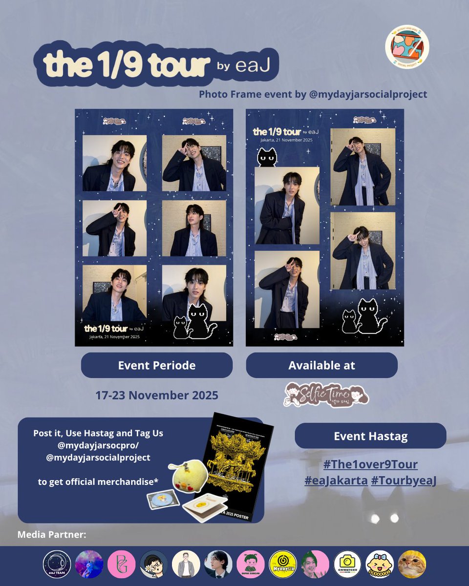 selfietimeid's tweet photo. JARs kumpul sini~

Kamu diajak @mydayjarsocpro buat seru-seruan di Selfie Time pakai frame event menuju konser "the 1/9 tour by eaJ" nih!🐈‍⬛

Sudah tersedia di semua store Selfie Time mulai 17-23 November 2025. Don't miss it!
#selfietimeid #The1over9Tour #eaJakarta #TourbyeaJ #eaJ https://t.co/usxAV0Hu40