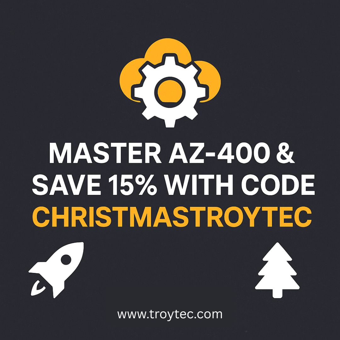 TroytecExam's tweet image. Ready to become a DevOps Engineer Expert? Learn AZ-400 essentials &amp;amp; unlock 15% off using christmastroytec! ❄️💼

@TroytecExam  
.
#az400 #AzureDevOps #devopsengineer2025 #microsoftazure2025 #cloudcertification2025 #devopstraining2025 #troytec