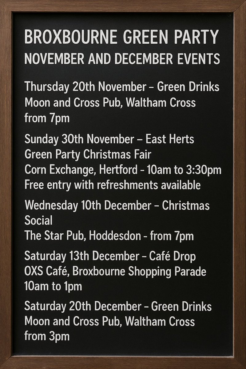BroxGreenParty's tweet photo. Here’s our lineup of upcoming events. We’d love to see you there—everyone is welcome, even if you’re not a member!

#gogreeninbroxbourne #cheshunt #hoddesdon #broxbourne #goffsoak #wormley #walthamcross #Hertfordshire #GetGreensElected https://t.co/ErO1lk49Xr