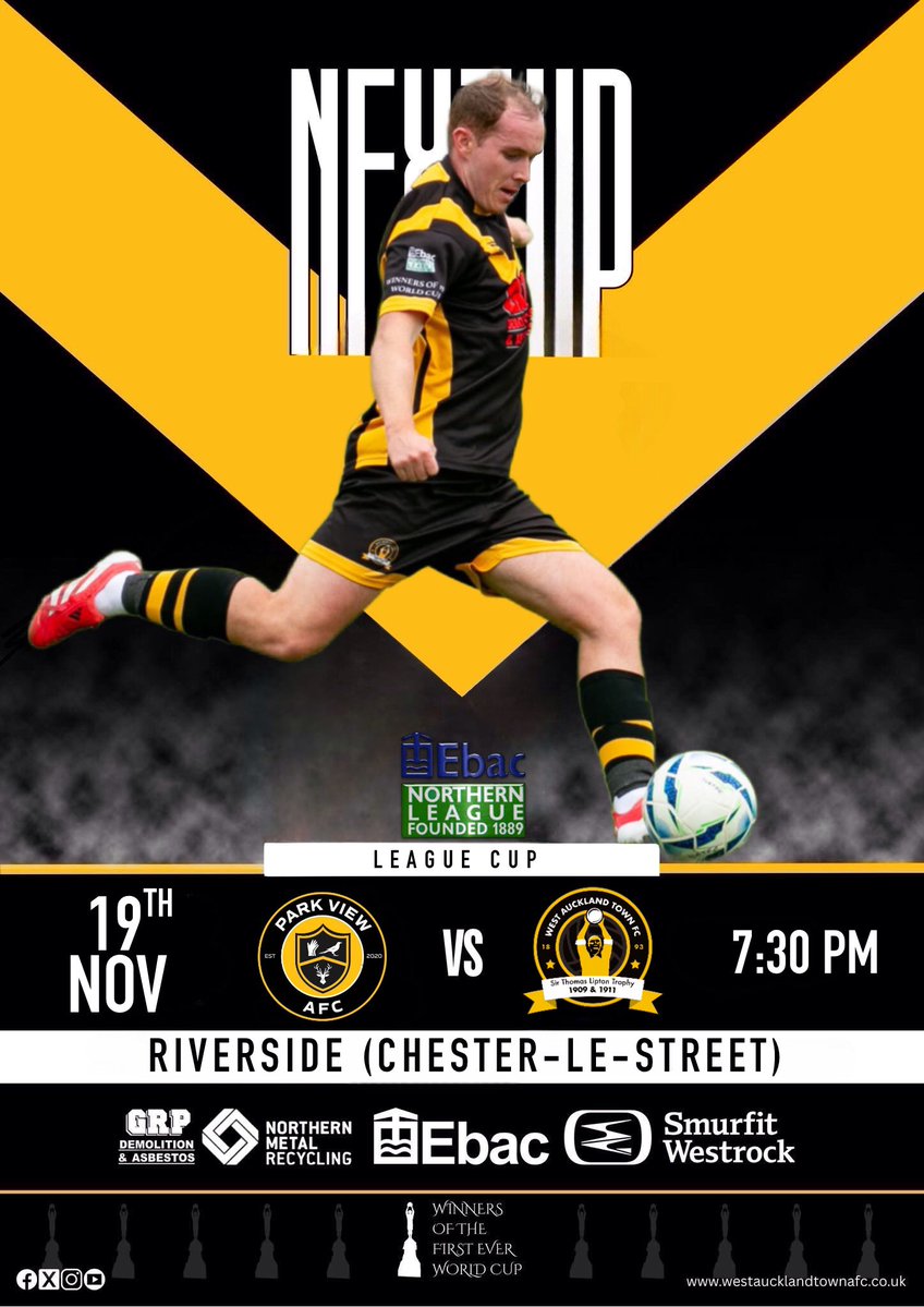 westaucklandfc's tweet image. NEXT UP

We’re in League Cup action on Wednesday evening, as we head to Chester-Le-Street to face Park View AFC.

🆚 @ParkViewAFC 
🗓️ Wednesday 19th November 2025, 7:30pm
📍 Riverside (Chester-Le-Street), DH3 3SH
🏆 League Cup 1st Round
🎟️ £5 / £3

#westisbest