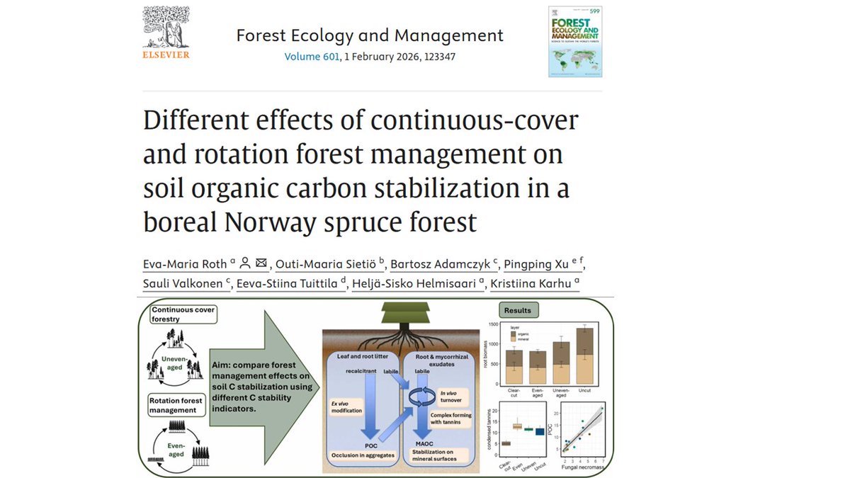#Paperalert  Different effects of continuous-cover and rotation forest management on soil organic carbon stabilization in a boreal Norway spruce forest. Published #OpenAccess in #ForEcolManag sciencedirect.com/science/articl…
