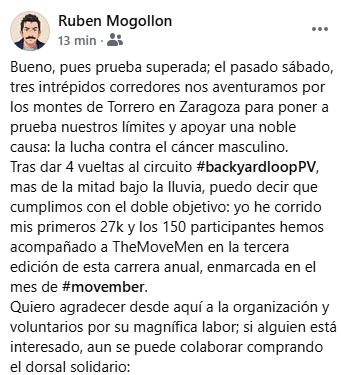 rufusmv's tweet photo. (post reciclado de Facebook) El equipo dimos 4 vueltas al circuito #backyardloopPV: he corrido mis primeros 27k acompañando a TheMoveMen en la 3a edición, en el mes de #movember. 
Aun se puede colaborar comprando el dorsal solidario: 
https://t.co/lHHq9q3sBd
#movember2025 https://t.co/opkQU1JTC6