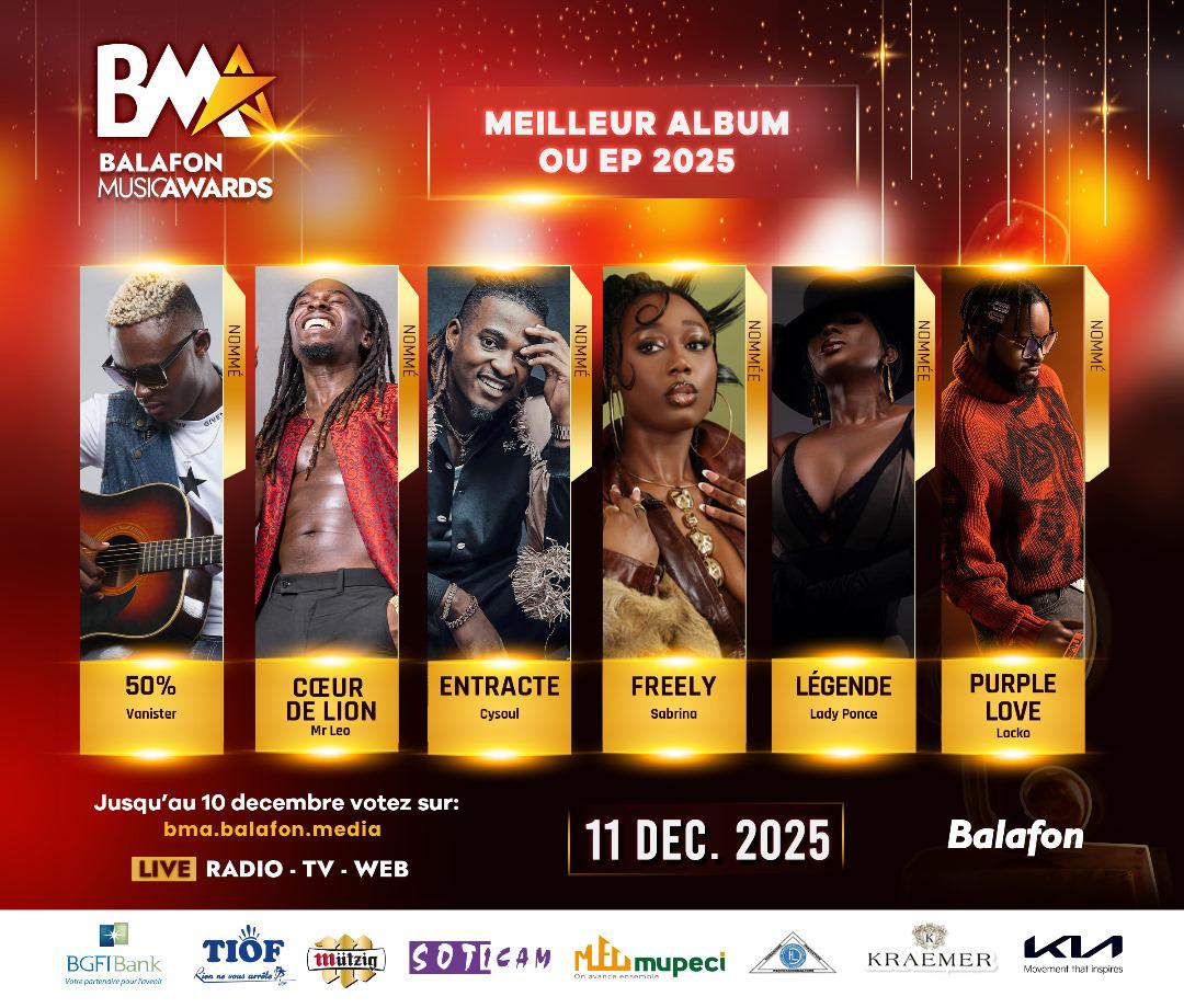 💿#BalafonMusicAwardsActe13 : Catégorie « Meilleur Album ou EP 2025 »

Voici les nommés :
➡️ 50% - Vanister
➡️ Cœur de lion - Mr Leo
➡️ Entracte - Cysoul
➡️ Freely - Sabrina
➡️ Légende - Lady Ponce
➡️ Purple Love - Locko

Vote sur bma.balafon.media
