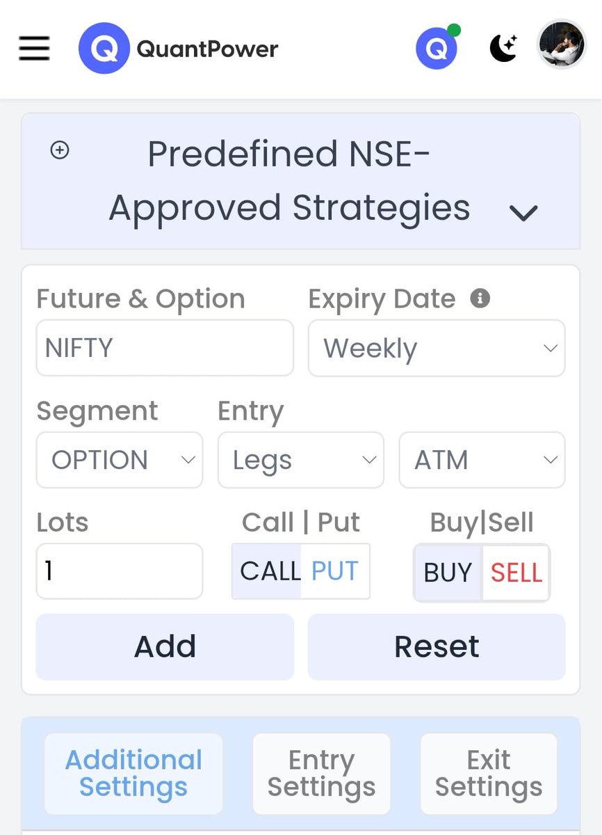 quant_power's tweet image. 🚀 QuantPower Dashboard Update
We’ve added NSE-approved predefined strategies with enhanced risk-management and full customization options.
More exchange-approved strategies and powerful upgrades are coming soon. Stay tuned!

#QuantPower #OptionsTrading #TradingTools #AlgoTrading