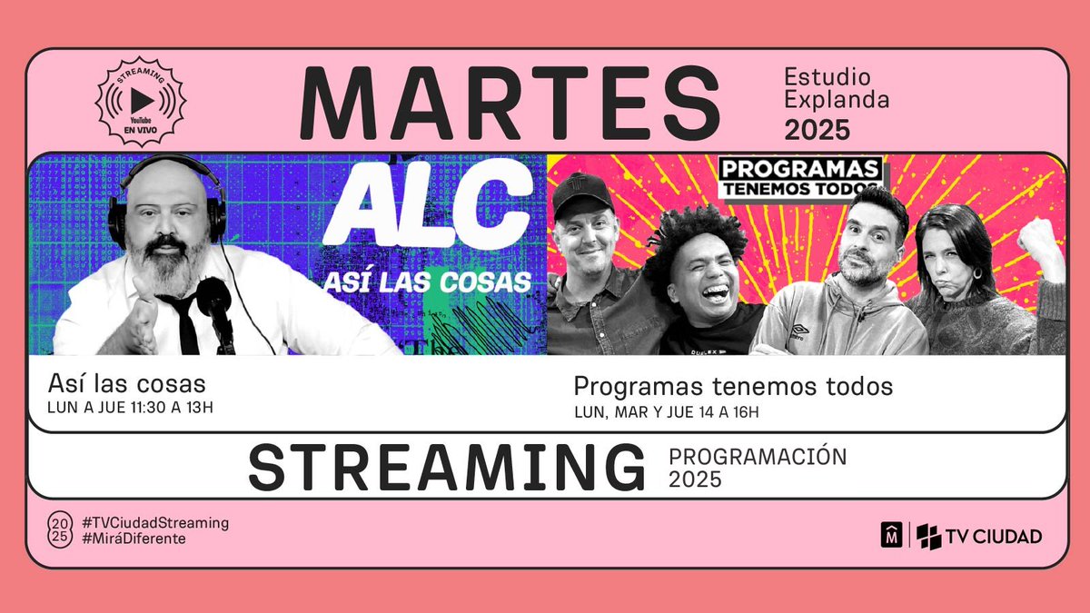 TVCIUDADuy's tweet photo. Martes 🔎
Hoy en #TVCiudad
🐣 7 y 16:30h #PaseoAnimado
📰 8, 13 y 18:30h #MVDNoticias • En vivo
🧉 9h #CiudadViva • En vivo
🎧 11:30h #AsiLasCosas • Streaming
🎧 14h #Programastenemostodos • Streaming
🌆 17:30h #MiraMontevideo • En vivo
🧐 20h #LadoB • En Vivo
🚎 21h #DeidayVuelta • En Vivo
🗣️ 22h #SinFronteras • Estreno
Seguí @TVCIUDADuy 📺#MiráDiferente