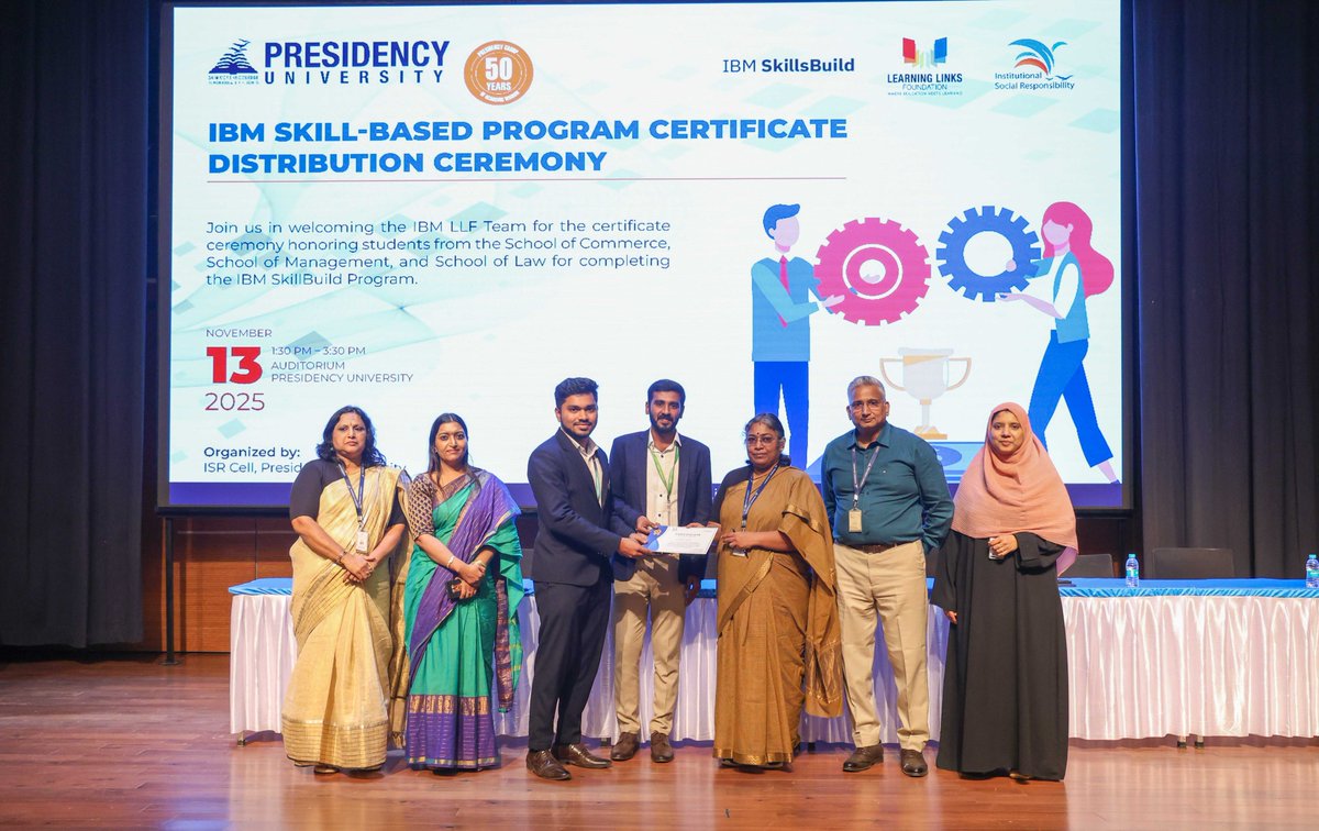 𝐅𝐮𝐭𝐮𝐫𝐞-𝐑𝐞𝐚𝐝𝐲 𝐒𝐤𝐢𝐥𝐥𝐬 

ISR Cell hosted the IBM LLF Team on 13 Nov 2025 to celebrate students from Commerce, Management &amp; Law for completing IBM SkillBuild courses.

#IBMSkillBuild #PresidencyUniversity #ISRCell #SkillDevelopment