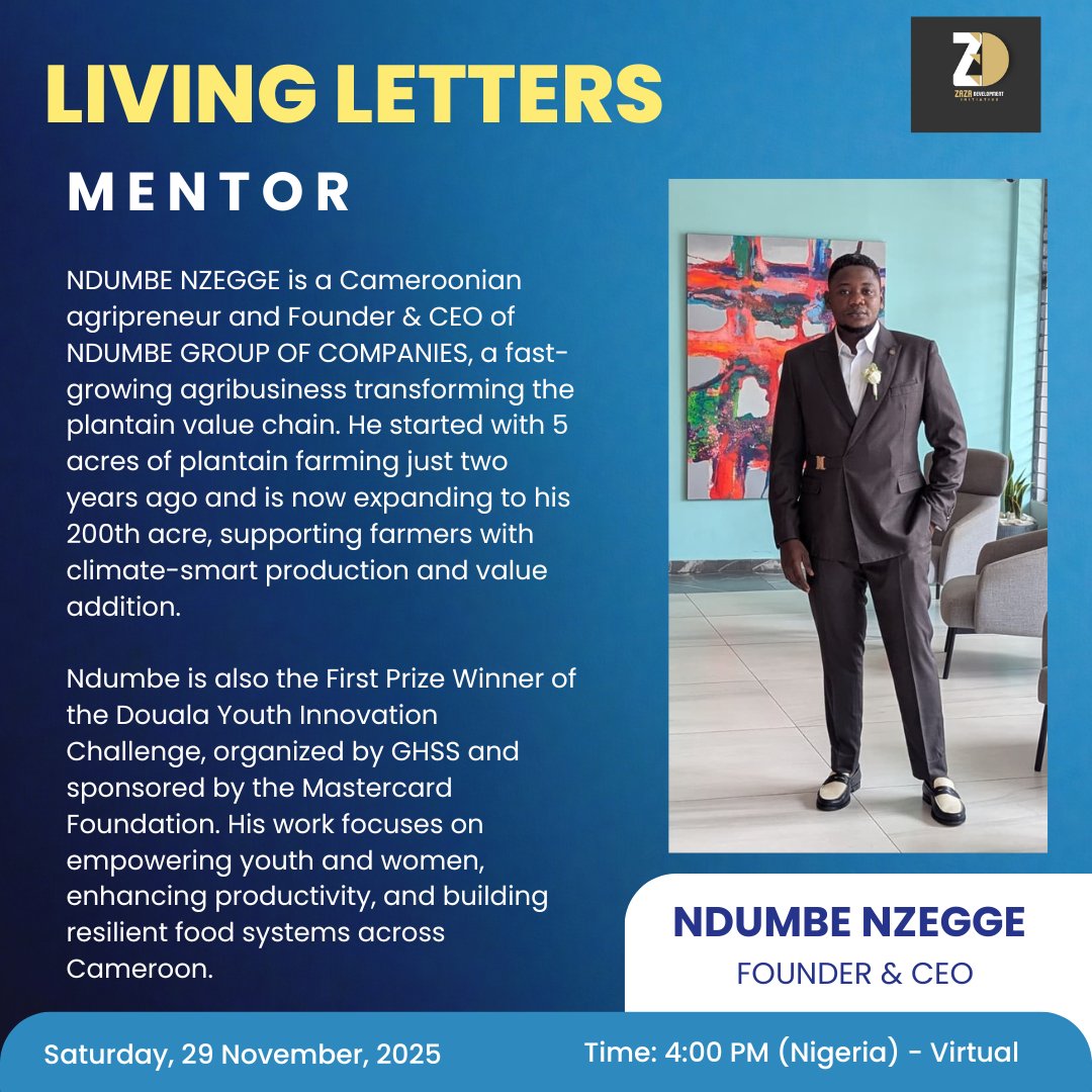 🥁🥁Introducing our Mentor for the November Mentorship Series (Living Letters) Ndumbe Nzegge!

Register to get the meeting link docs.google.com/.../1FAIpQLScs… 
#TakAction #ActiveCitizen <a href="/ziggywai/">Zigwai Tagwai</a>
