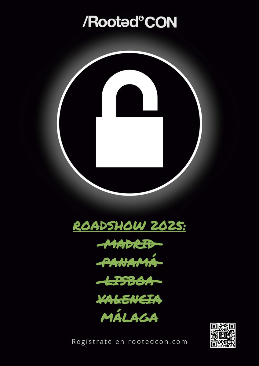 rootedcon's tweet image. Última parada del ROADSHOW 2025: #RootedMalaga ¡Compra YA tu entrada!
📍 Hotel NH Málaga.
📅 21 de noviembre.

Más info 👉 rootedcon.com/congreso-de-ci…
#RootedCON #Ciberseguridad