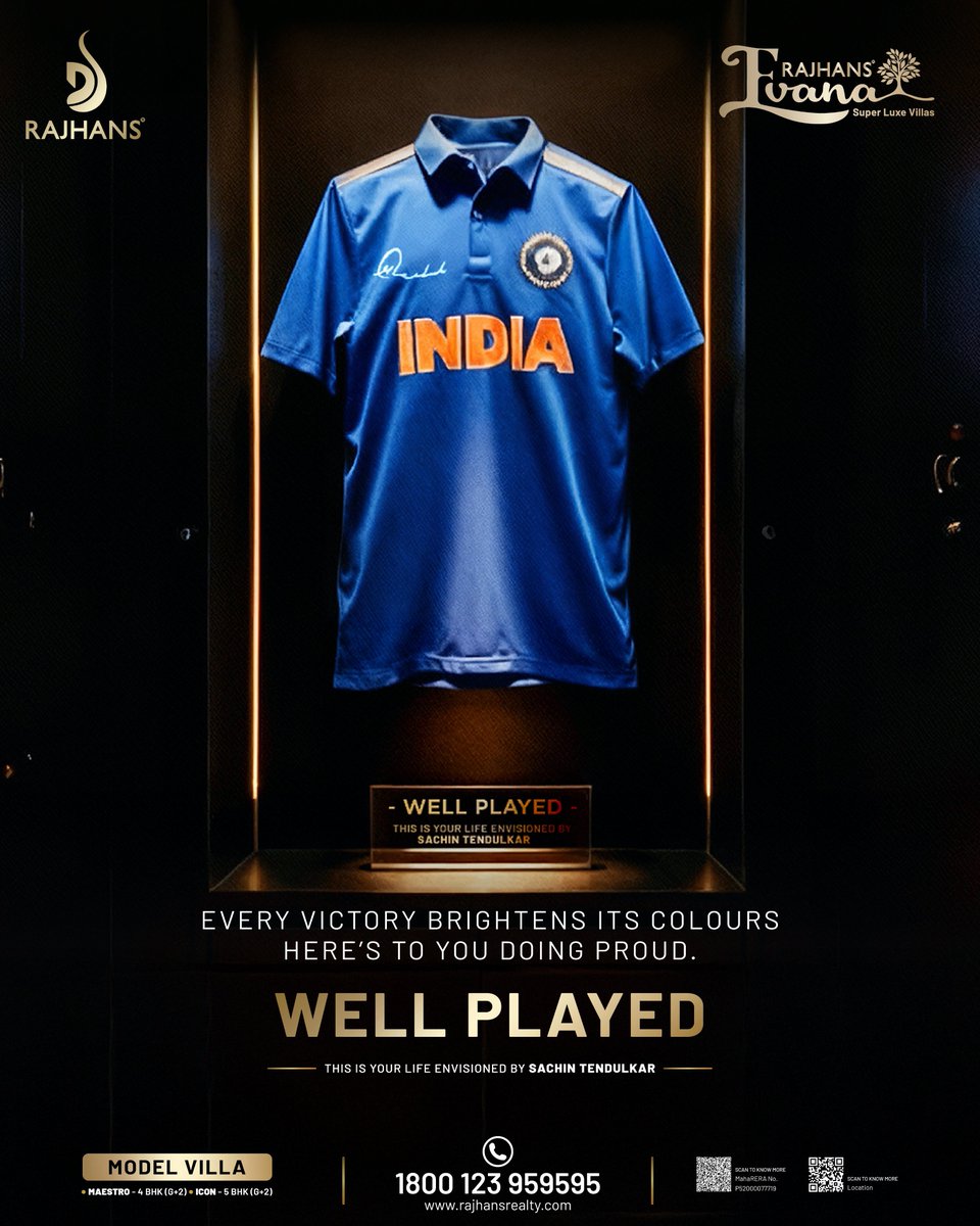 RajhansRealty's tweet photo. The ultimate emblem of dedication, hard work, and making history. It reminds us that every champion's journey is a reflection of their passion.
WELL PLAYED.

#RajhansEvana #AnActiveLife #LuxuryResidences #CricketTurfLiving #WellnessLiving #SuperLuxeVillas #Wellplayed https://t.co/gNsuRM4M7j