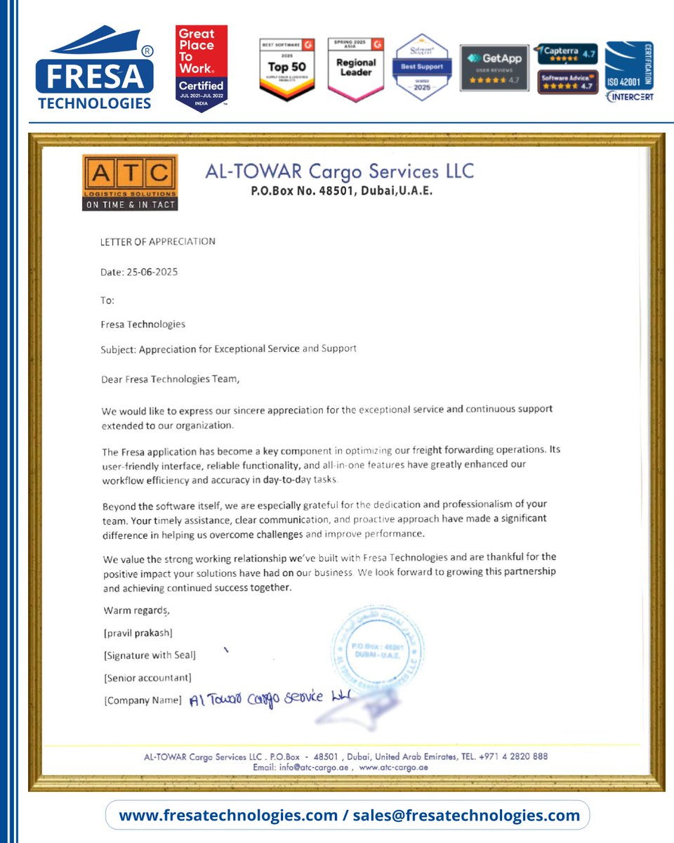 fresatechnology's tweet image. We are deeply grateful to AL-TOWAR Cargo Services LLC for their kind appreciation letter acknowledging our prompt solutions.

For more queries please visit below link 👇fresatechnologies.com/clients-feedba…

#FresaTechnologies  #CustomerFeedback #HappyCustomer #ClientAppreciation #al_tower
