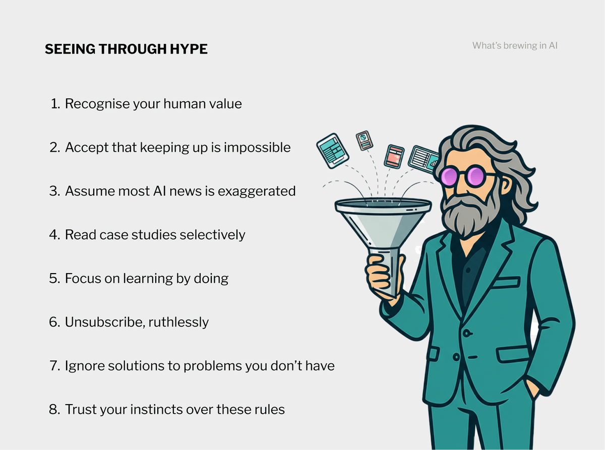 itspapilama's tweet photo. AI isn’t stealing your job. It’s stealing your focus.

95% of AI-related posts are hype and clickbait.

Blocking accounts help, but also, build a mental filter for what you see.

Here's 8 things I keep in mind when consuming content about AI to stay focused on what matters: https://t.co/3J7ak9gfzv
