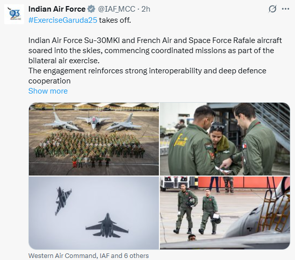 PTI_News's tweet photo. Indian Air Force (@IAF_MCC) says, "#ExerciseGaruda25 takes off. Indian Air Force Su-30MKI and French Air and Space Force Rafale aircraft soared into the skies, commencing coordinated missions as part of the bilateral air exercise. The engagement reinforces strong interoperability and deep defence cooperation between the two Air Forces."