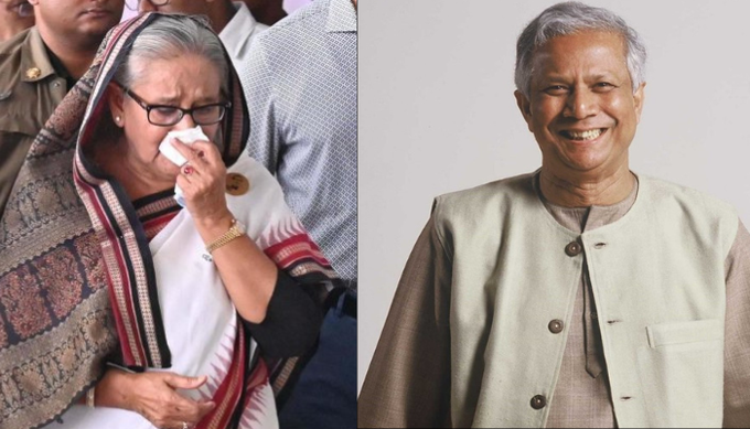 Left image shows an elderly woman with glasses wearing a white saree with red border and dupatta covering her head, wiping tears from her eyes with a tissue, standing among men in uniforms and shirts. Right image depicts an elderly man with gray hair smiling, dressed in a light beige vest and kurta.