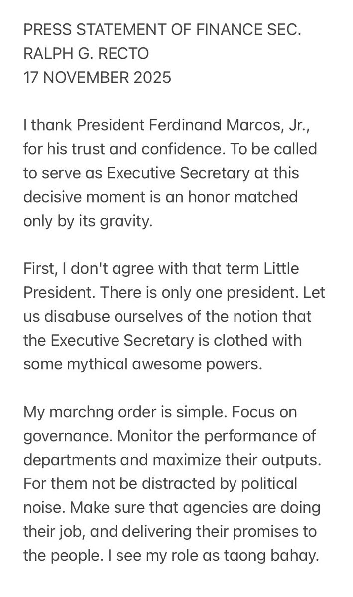 nimfaravelo's tweet image. New Exec. Sec. Ralph Recto: To be called to serve as Executive Secretary at this decisive moment is an honor matched only by its gravity.

First, I don&apos;t agree with that term Little President. There is only one president. @dzbb