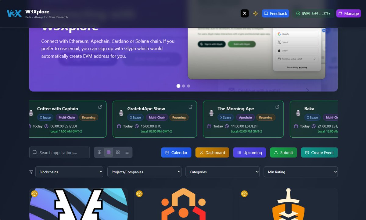 SkyArc1x's tweet image. @W3Xplore
✅Multi-Chain

✅Project Discovery 
Browse and search Web3 projects with star ratings, reviews, filtering by blockchain, and featured project showcases

✅Events System 
Create and manage Web3 events with Google Calendar sync, recurring events, and auto posting to X