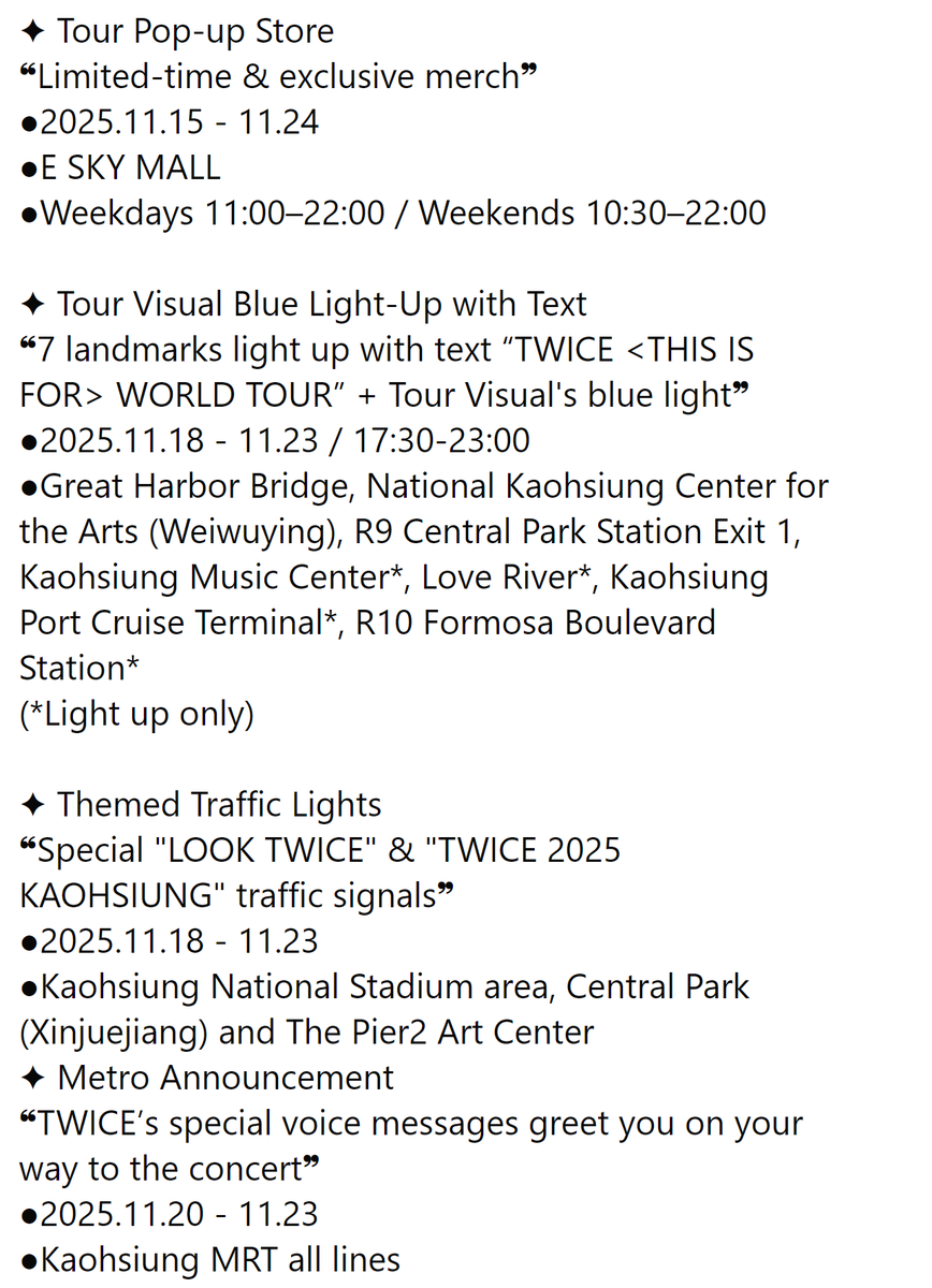 godmitzu's tweet photo. The Kaohsiung government has prepared surprises to celebrate TWICE's arrival in Taiwan including: major landmarks lighting up blue, TWICE themed traffic lights and signals, and TWICE's voice messages on the metro to greet you on the way to the concert. https://t.co/oExlZd9WFw