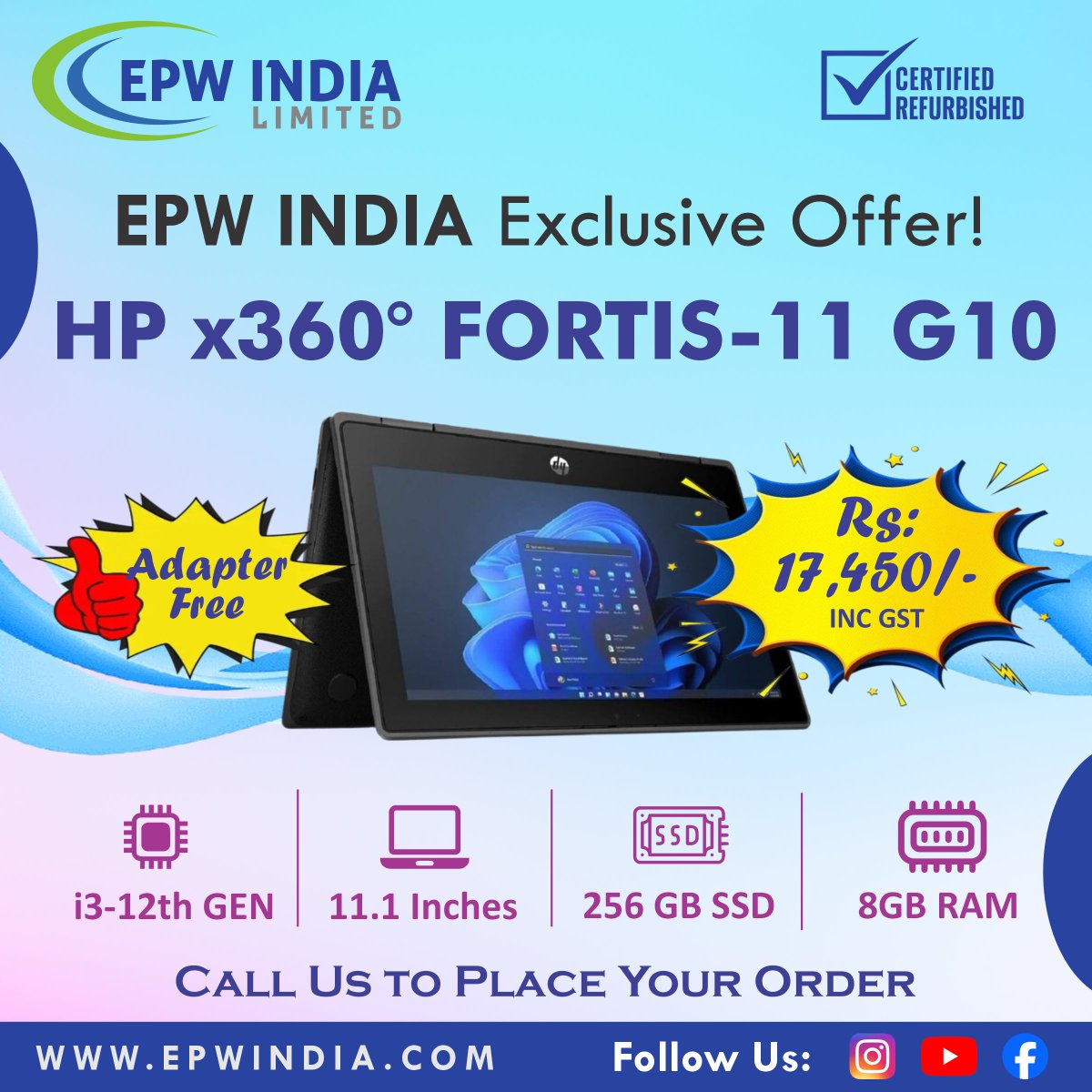 epwindiapvtltd's tweet photo. 🔥 EPW INDIA Exclusive Offer!
Get the HP x360 Fortis 11 G10 – Certified Refurbished
i3 12th Gen | 11.1” x360 | 8GB RAM | 256GB SSD
✨ Adapter FREE
💰 ₹17,450 (Incl. GST)

#EPWIndia #RefurbishedLaptops #Hyderabad https://t.co/eMGfjOHuD1