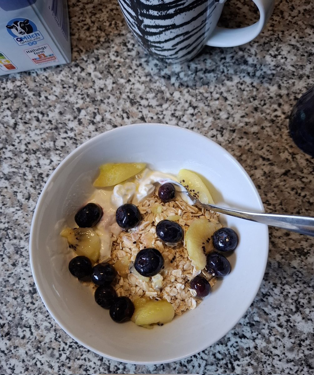 Meine 1. Mahlzeit des Tages 🤩
Naturjoghurt, Haferflocken, Blaubeeren, Kiwi, Mandeln😋