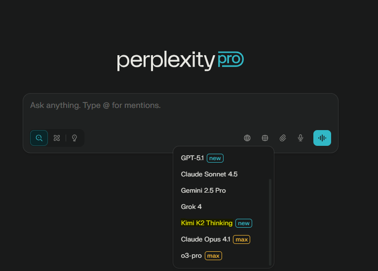 Model list shows Kimi