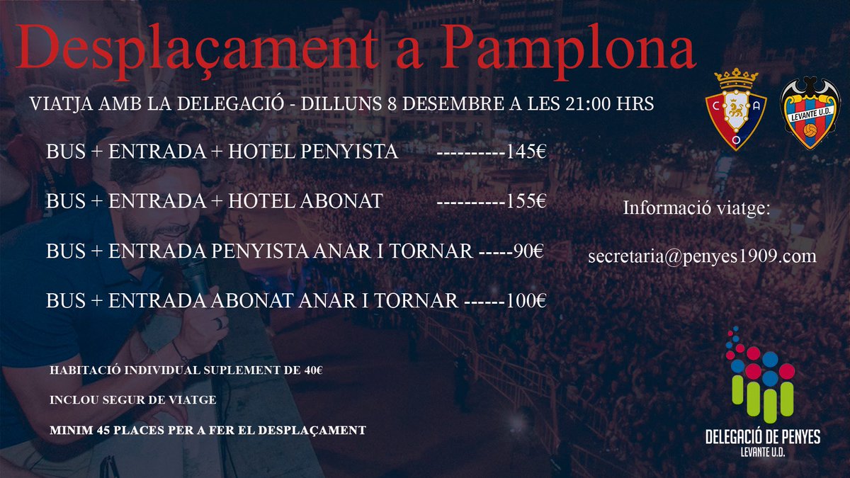 On tour Pamplona 

forms.gle/uvh4UbnSpTF3qS…

La delegació de penyes informa sobre desplaçament a Pamplona.

IMPORTANT: apuntar-se lo abans posible perque no ens reserven les habitacions sense pagar-les abans.

Dos opcions de viatges, amb hotel o anar i tornar el mateix dia.