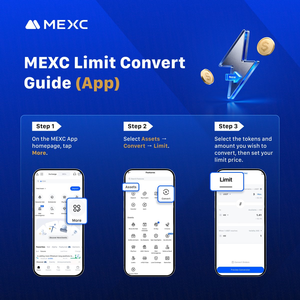 MEXC_Official's tweet image. ⚡️Unlock precise crypto swaps with #MEXC Limit Convert!  

📈Set your ideal price and amount for smarter trades. 
🧑‍🍳Check out our quick guide to get started effortlessly.