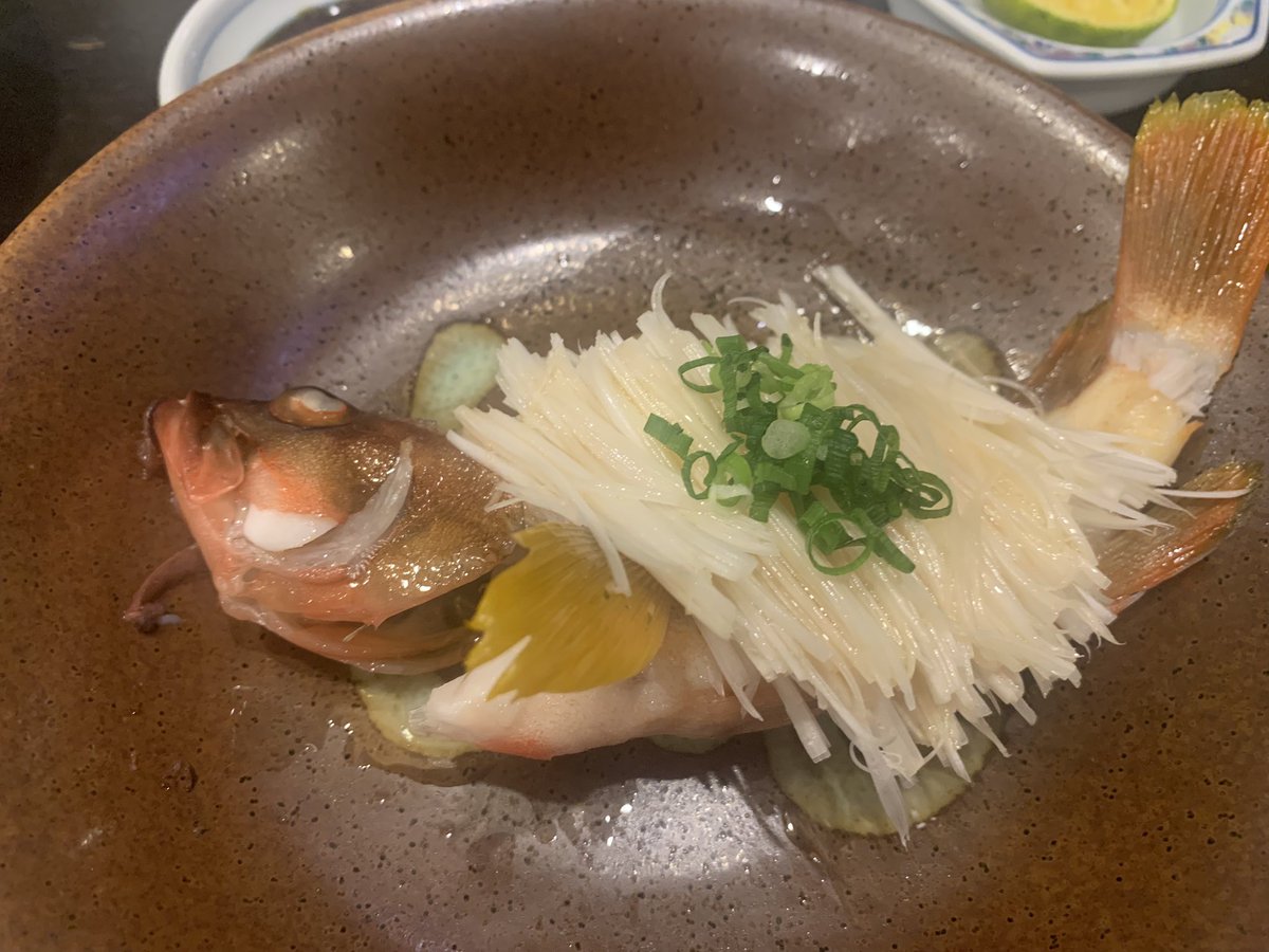 先週は釣りに行かなかったので、家に魚がないからいつもの割烹料理屋さんに。
弟子の友達がアカハタを入れてくれたので、小型を清蒸（ちんじょん）にして出して頂きました。
ご馳走様でした。

facebook.com/kappou.inamoto/

#釣り #アカハタ #清蒸 #イナモト #い奈本