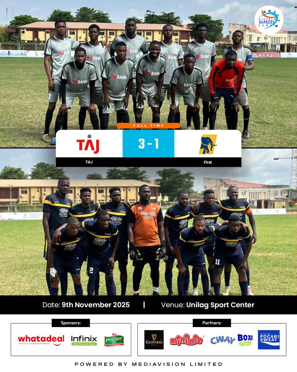 Other banks watching in tension as Taj Bank opened 3 fixed deposit accounts on the pitch making it their first goal this season while elephant boys replied with one just to avoid zero balance 🔥😁

#BankersGames #TajBankFC #FirstBankDrama #NaijaFootballBants