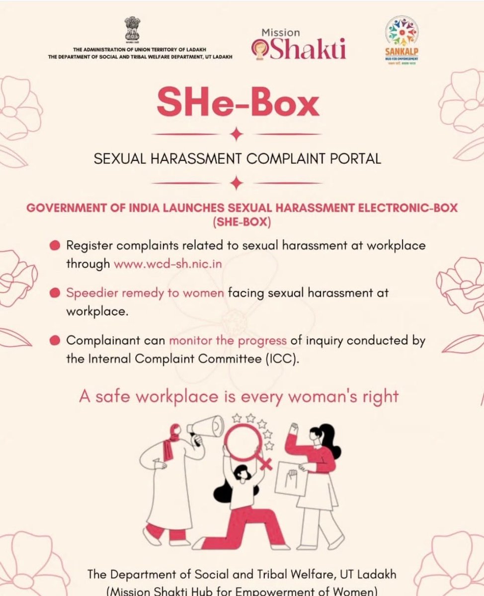 Icdskargil's tweet image. MISSION SHAKTI-ICDS KARGIL

Every woman deserves a safe and respectful workplace. SHe-Box is your secure, single-window platform to report workplace sexual harassment-empowering women and ensuring a stronger, safer nation. #SHeBox #WomenEmpowerment #SafeWorkplace #missionshakti
