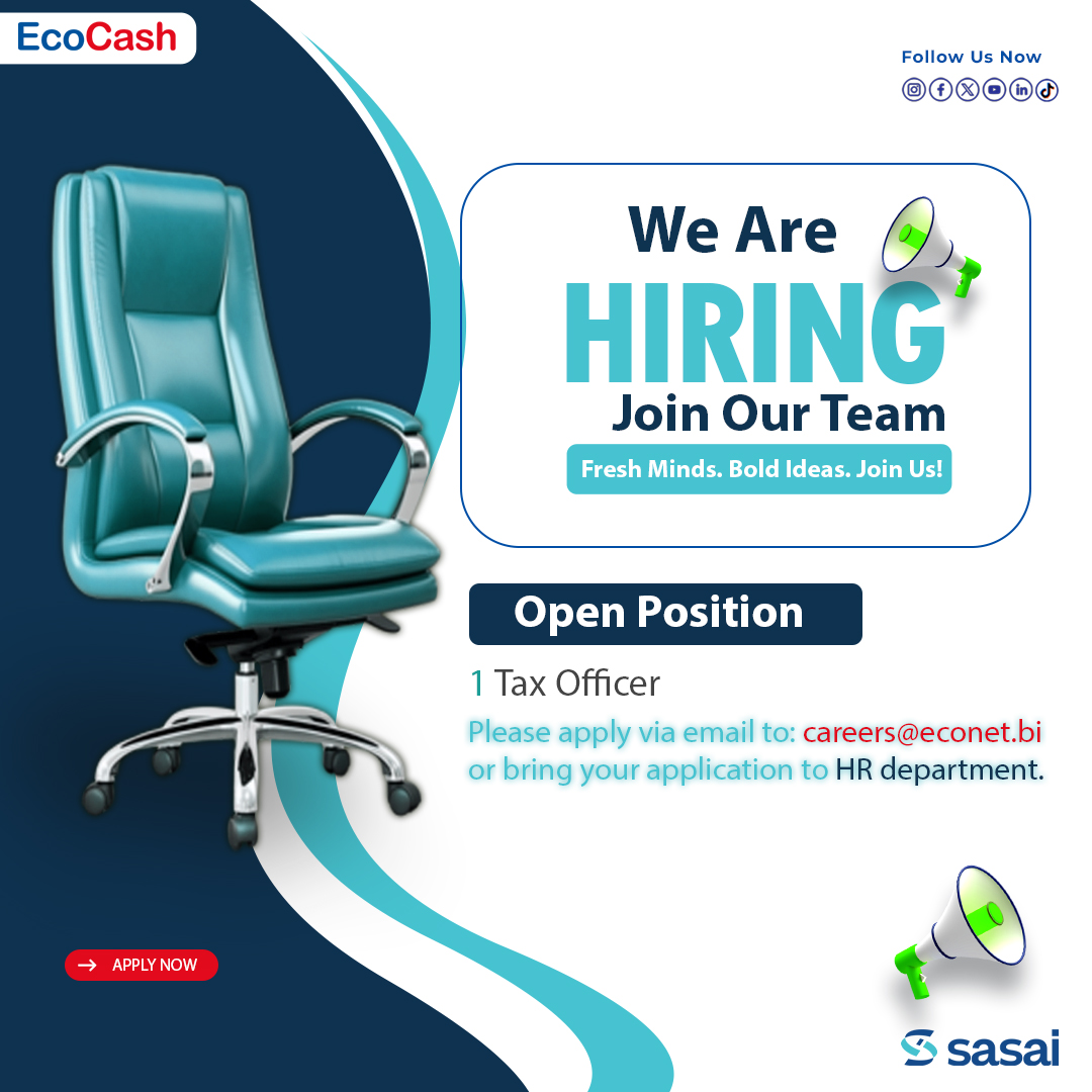 📢 EcoCash recrute !

Nous recherchons un(e) Tax Officerpour renforcer notre équipe et accompagner notre croissance.

👉 Consultez les Termes de Référence ici :
 drive.google.com/file/d/1dW8uuQ…

📩 Envoyez votre candidature à : careers@econet.bi
🕒 Date limite : Mardi 21 novembre 2025