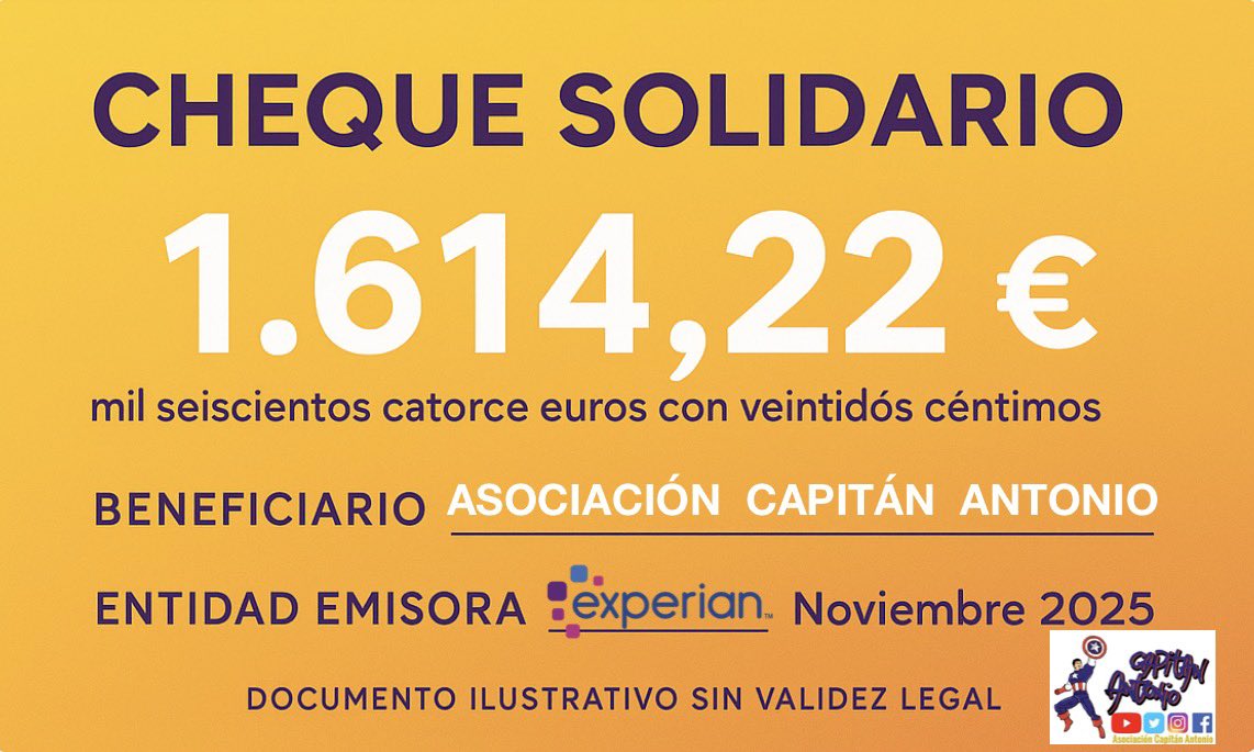 Muchas gracias Experian España por esta donación solidaria para nuestra causa.
#siemprejuntos #capitánantonio