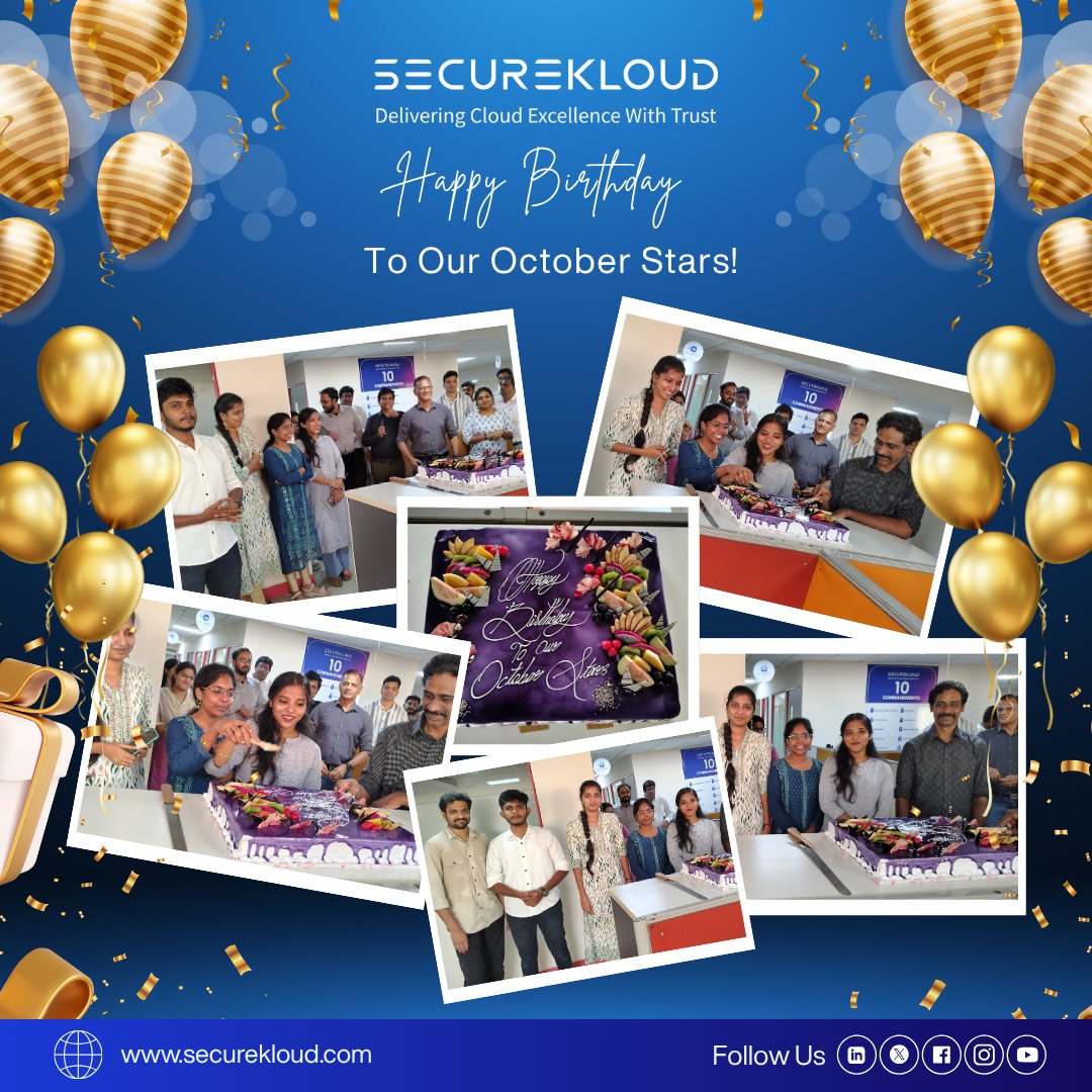 SecureKloudTech's tweet image. Happy Birthday to our October-born Stars! 

At SecureKloud, we celebrate not just milestones but the people who make every day brighter. Your hard work, creativity, and energy continue to inspire us all.​
Cheers to you, our October Stars!       ​

#TeamSecureKloud #WorkCulture