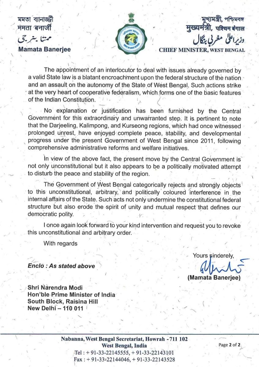 Smt. <a href="/MamataOfficial/">Mamata Banerjee</a> has written to PM <a href="/narendramodi/">Narendra Modi</a>, exposing yet another brazen assault on India’s federal structure by <a href="/BJP4India/">BJP</a>-led Centre. Without consultation, without legality, without jurisdiction, and without the slightest respect for constitutional boundaries, the