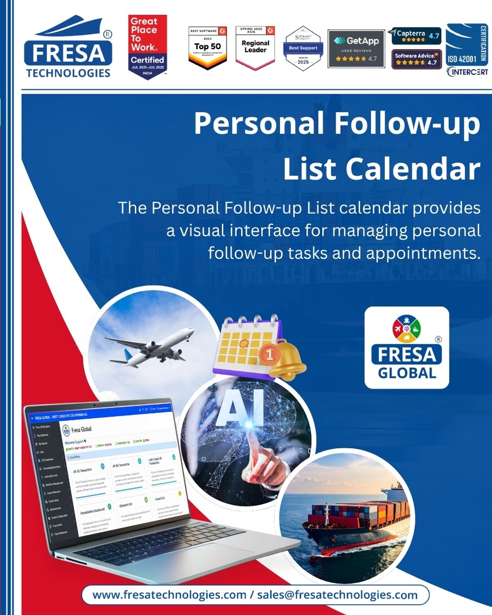 fresatechnology's tweet image. Personal Follow-up
List Calendar
The Personal Follow-up List calendar provides a visual interface for managing personal follow-up tasks and appointments.

🔍For more details, visit here 👇
🔗🌐 fresatechnologies.com/products/fresa…

#FresaGlobalERP #SeamlessOperations #Followup