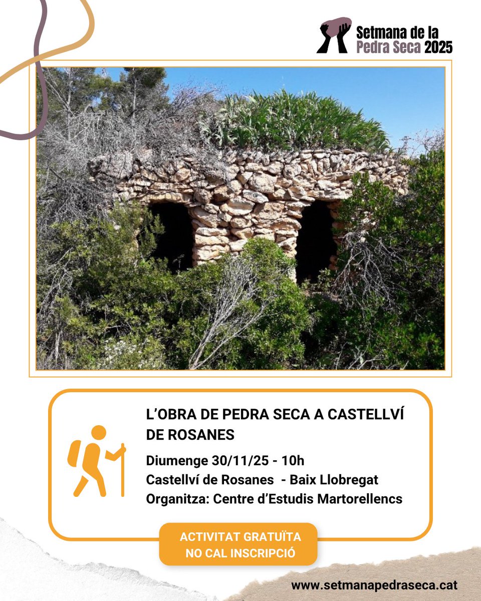 SetmPedraSeca's tweet image. 🟠 DESCOBERTA
🚶‍♀️L’obra de pedra seca a Castellví de Rosanes

🗓30/11
⏰10h
📍Castellví de Rosanes
📌Organitza: Centre d’Estudis Martorellencs
➕Info, calendari i mapa👇
setmanapedraseca.cat/activitats/age…

#SetmanaPedraSeca25 #PedraSeca