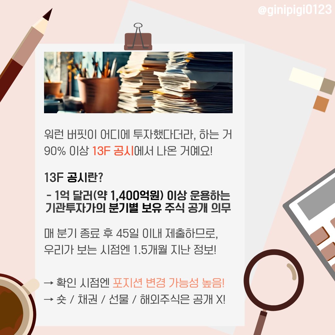 ginipigi0123's tweet image. 워런 버핏이 뭘 샀대!
&apos;투자 답안지&apos; 잘 활용하고 있으신가요?

이건 90% 이상은 13F 공시에서 나온 자료래요.
하지만 무작정 따라 사면 안 된다는 거!

13F 공시의 진실과 
똑똑하게 활용하는 방법을 함께 공부해요 🐹♥️

#13F공시 #워런버핏 #따라매매