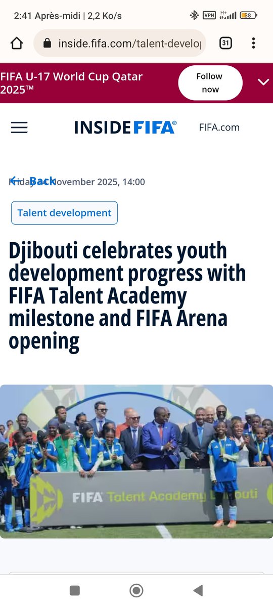 tarekadn's tweet photo. L’Académie FIFA Talent de Djibouti, inaugurée le 13/11/25, est la 2e en Afrique après l’Algérie et la 10e au monde. Le message de félicitations attribué à Gianni Infantino n’était pas généré par IA : c’était un message officiel adressé à la FDF. @FederationFdf
Felicidades!! https://t.co/L73uoC04Gs