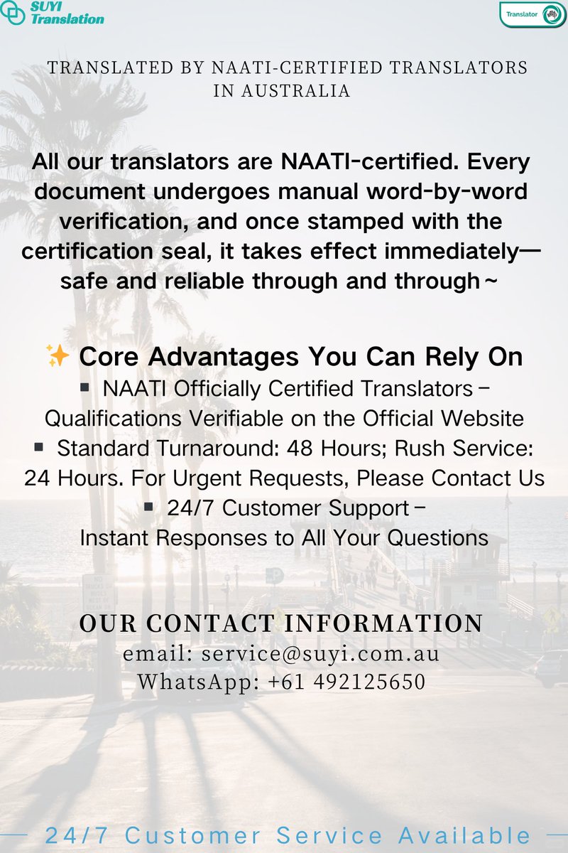 suyi_au's tweet photo. 🚗🌏 **Need Your Driver’s License Translated in Australia?

Get It Done by NAATI-Certified Translators — Fast & Reliable!**

Planning to drive, rent a car, or convert your overseas driver’s licence in Australia?
A NAATI-certified translation is the only officially recognised format — accepted by Service NSW, VicRoads, QLD Transport, and all state authorities.

At Suyi Translation, we provide:

✅ Multilingual Driver’s Licence Translation

Available in 90+ languages, including:
Thai • German • Dutch • Japanese • French • Portuguese • Spanish • Korean • Malay • Italian • Chinese and more.

✨ Why Choose Suyi ?

✔ NAATI-Certified Translators
Fully verifiable on the official NAATI website.

✔ Fast Turnaround
Standard: 48 hours
Urgent: 24 hours

✔ Digital PDF + Optional Hard Copy
Ready for licence conversion and rental car verification.

✔ 100% Acceptance Guarantee
Accurate, compliant, and recognised nationwide.

✔ 24/7 Customer Service
Instant response anytime.

🚦 Suitable for:

✔ Australian licence conversion
✔ International students & new migrants
✔ Car rental companies
✔ Tourist self-driving
✔ Visa / official document verification You can order now via the link:https://t.co/HjM8K8EOFF  #NAATI #NAATItranslation #driverlicense