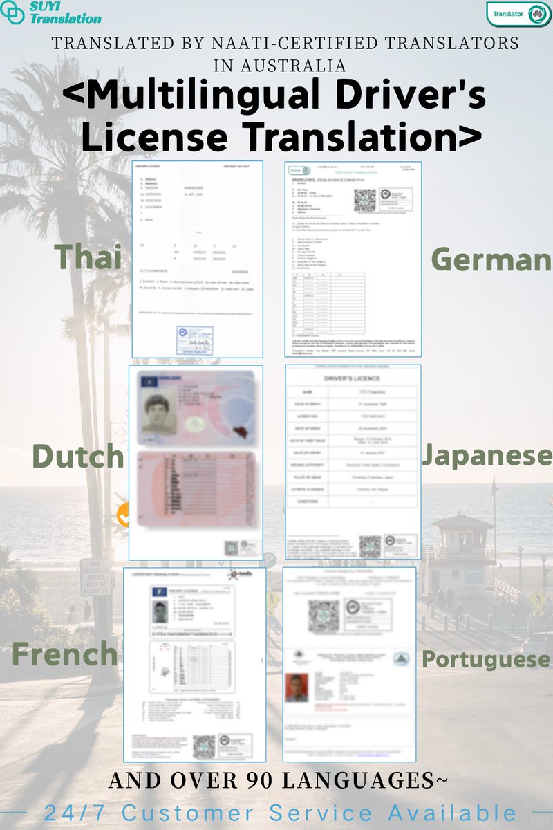 suyi_au's tweet photo. 🚗🌏 **Need Your Driver’s License Translated in Australia?

Get It Done by NAATI-Certified Translators — Fast & Reliable!**

Planning to drive, rent a car, or convert your overseas driver’s licence in Australia?
A NAATI-certified translation is the only officially recognised format — accepted by Service NSW, VicRoads, QLD Transport, and all state authorities.

At Suyi Translation, we provide:

✅ Multilingual Driver’s Licence Translation

Available in 90+ languages, including:
Thai • German • Dutch • Japanese • French • Portuguese • Spanish • Korean • Malay • Italian • Chinese and more.

✨ Why Choose Suyi ?

✔ NAATI-Certified Translators
Fully verifiable on the official NAATI website.

✔ Fast Turnaround
Standard: 48 hours
Urgent: 24 hours

✔ Digital PDF + Optional Hard Copy
Ready for licence conversion and rental car verification.

✔ 100% Acceptance Guarantee
Accurate, compliant, and recognised nationwide.

✔ 24/7 Customer Service
Instant response anytime.

🚦 Suitable for:

✔ Australian licence conversion
✔ International students & new migrants
✔ Car rental companies
✔ Tourist self-driving
✔ Visa / official document verification You can order now via the link:https://t.co/HjM8K8EOFF  #NAATI #NAATItranslation #driverlicense