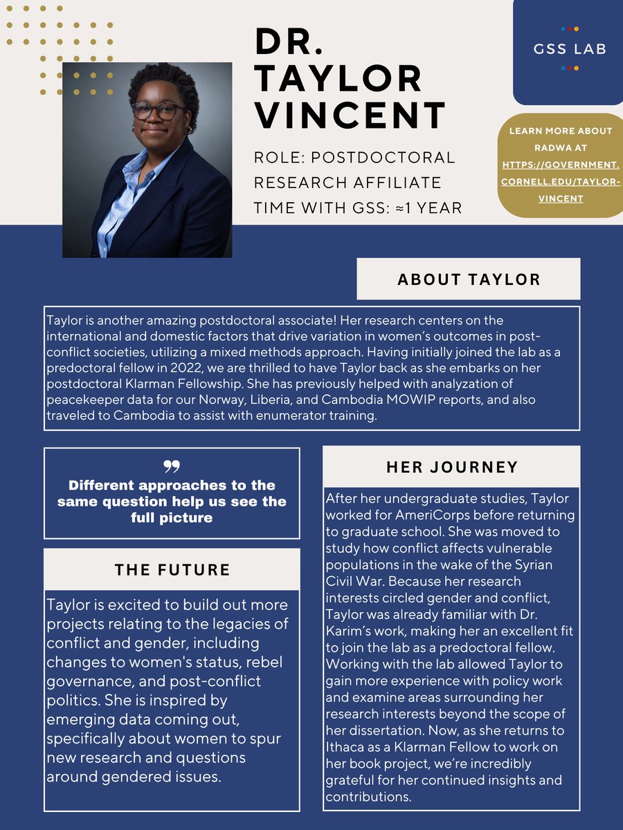 GSSLab's tweet image. It&apos;s 🌟#StaffSpotlight🌟 time!

Meet Dr. Taylor Vincent, another amazing postdoctoral Research Associate! Having worked for the GSS Lab previously, we are thrilled her Klarman Fellowship has brought her to #Ithaca.

Read more ⤵️