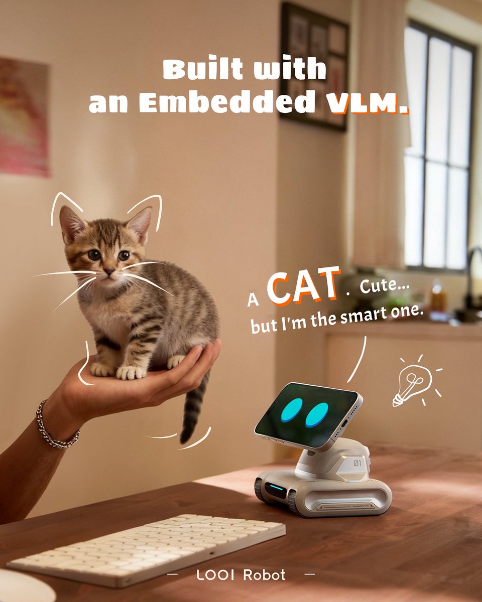 TangibleFuture's tweet image. LOOI: &quot;I know, she&apos;s cute, but I&apos;m the brainy one in this house!&quot; 💡🤖

Built with an Embedded VLM (Visual Language Model) to understand the world.

What do you think? Let me know in the comments! 👇

#LOOI #SmartRobot #pet