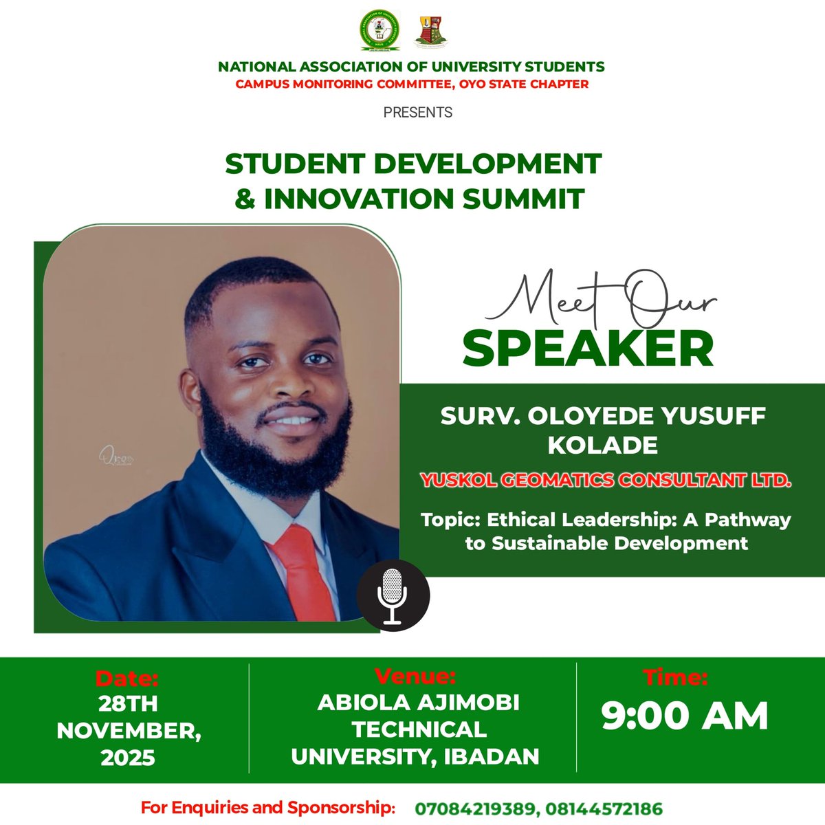 MEET OUR GUEST SPEAKER ~ SURV. OLOYEDE YUSUFF KOLADE 

#Oyostate #StudentSummit2025 #innovation #Sustainability