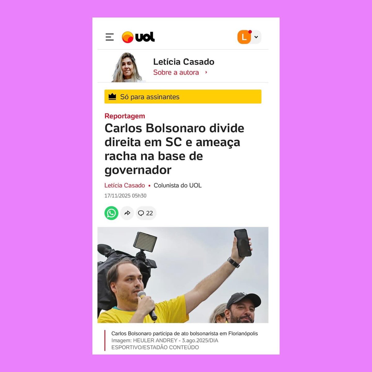Carlos Bolsonaro divide direita em SC com disputa por Senado e ameaça racha na base de governador. Um cacique diz que o xadrez eleitoral tem solução: rifar Carol de Toni ao Senado p/ela sair deputada; oferecer Senado a Carlos Bolsonaro e João Rodrigues; e Amin na vice de J.Mello