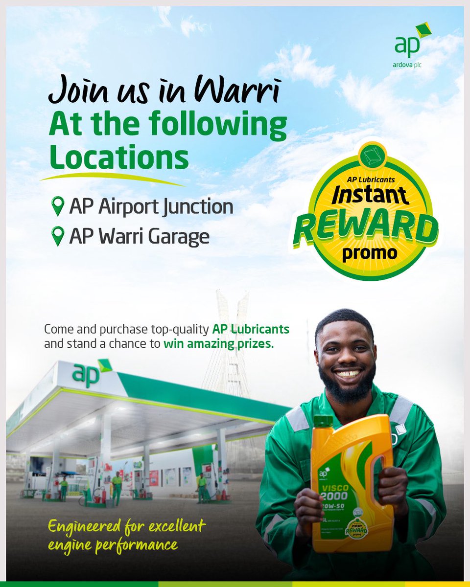 ardovaplc's tweet image. Warri, we are in your city!

join us at the following stations today:

AP Airport Junction
AP Warri Garage

Don’t miss the opportunity to win amazing gift items!

#APLubricantScratchAndWinPromo
#Visco2000
#APLubricants
#Warri 
#EngineeredForExcellentEnginePerformance