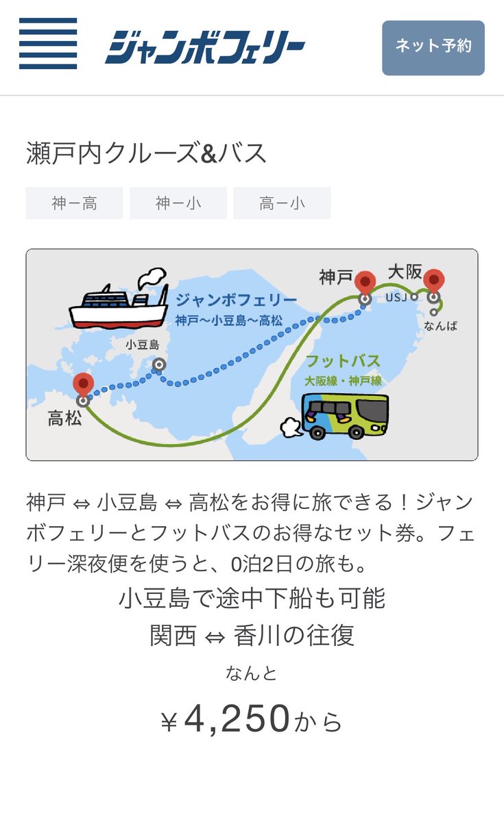 関西⇔高松の往復手段でオススメなのはこの瀬戸内クルーズのセット券！

行き:バスの早朝便で昼前高松着
帰り:ライブ終わって打ち上げして深夜便のフェリーで帰還

ってのが1番スムーズかと思います！
しかも安い！

サイトのリンク貼ったんでみてちょ！⬇️
ferry.co.jp/ticket/ticket-…