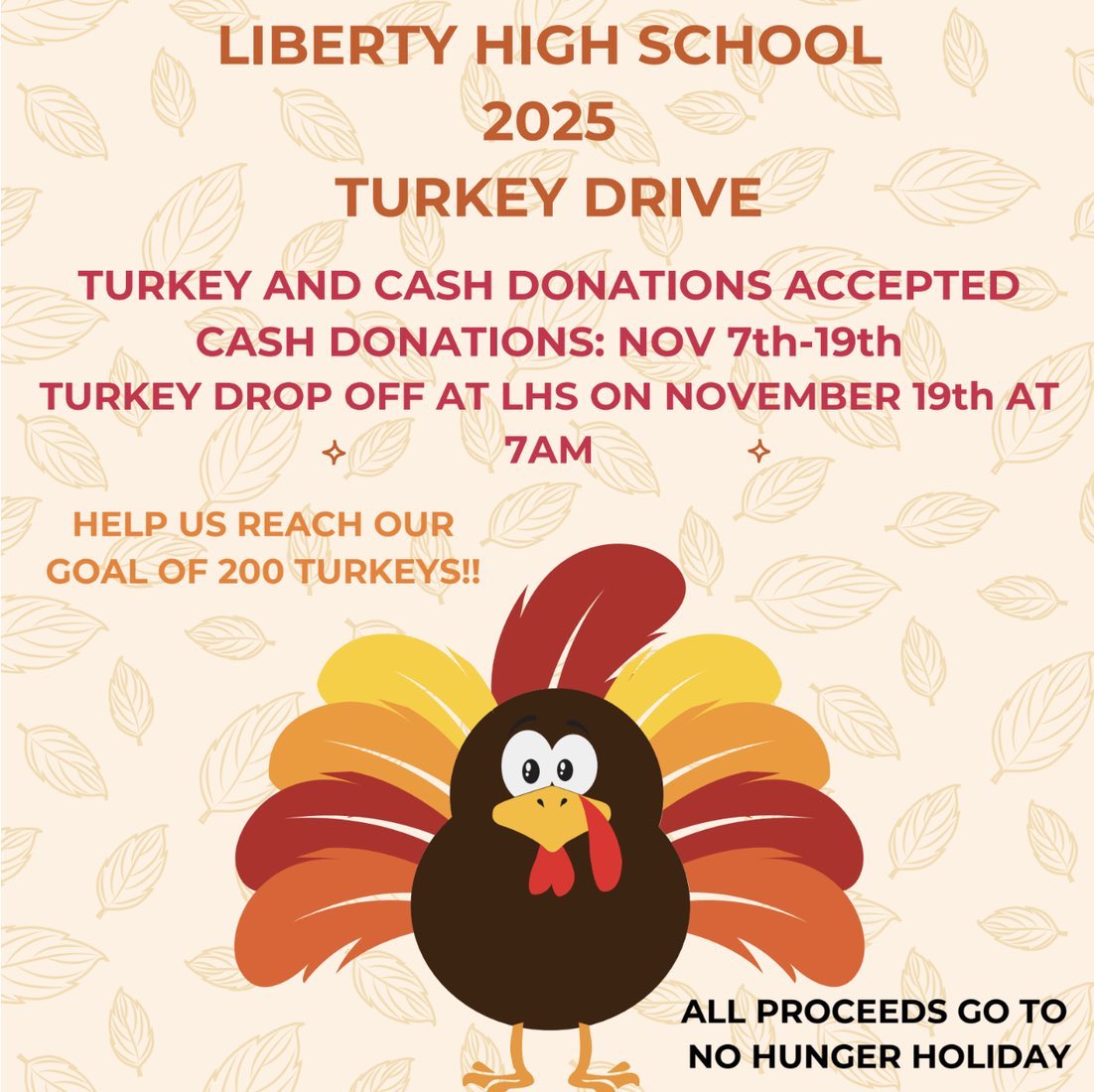 3 days left for the Liberty Turkey Drive. If you can donate, just drop it off to your coaches. If you plan to bring a Turkey that can be dropped off Wednesday, 7am at the front entrance. For local families to have a Thanksgiving meal. Thanks for your time &amp; consideration.