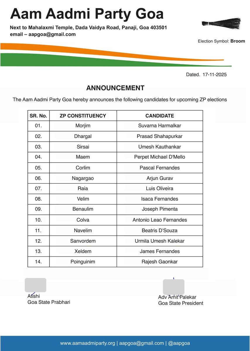 AAPGoa's tweet image. 📢BIG ANNOUNCEMENT📢

Aam Aadmi Party Goa is pleased to announce the first list of candidates for upcoming ZP elections in the state.

Best wishes to all the candidates!